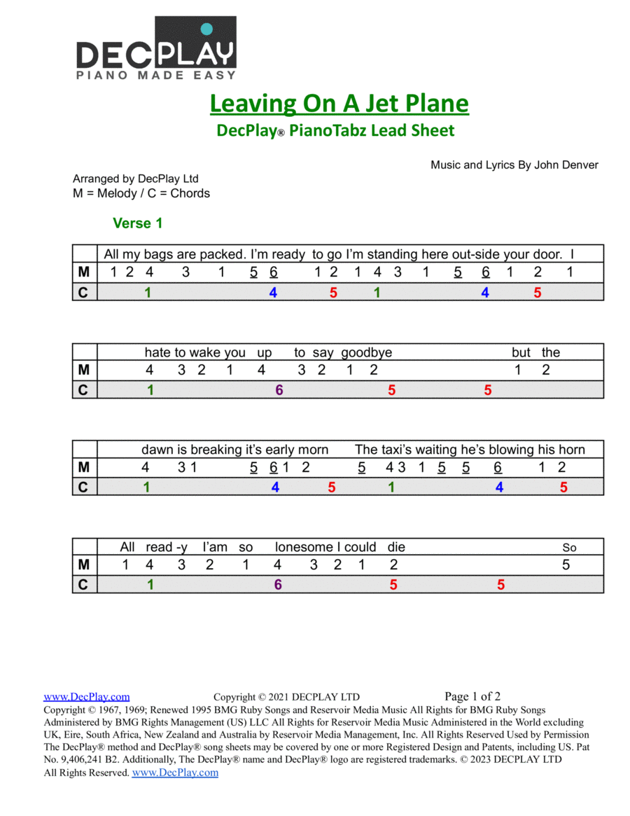 Leaving On A Jet Plane Easy Piano scores gallery preview page 1