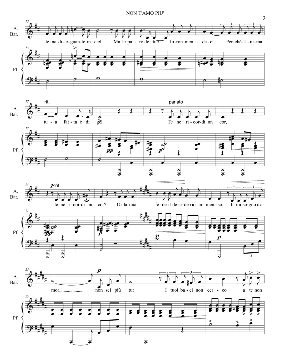 NON T'AMO PIU' - F.P. Tosti - Arr. for Alto or Bariton and Piano Medium Voice scores gallery preview page 3