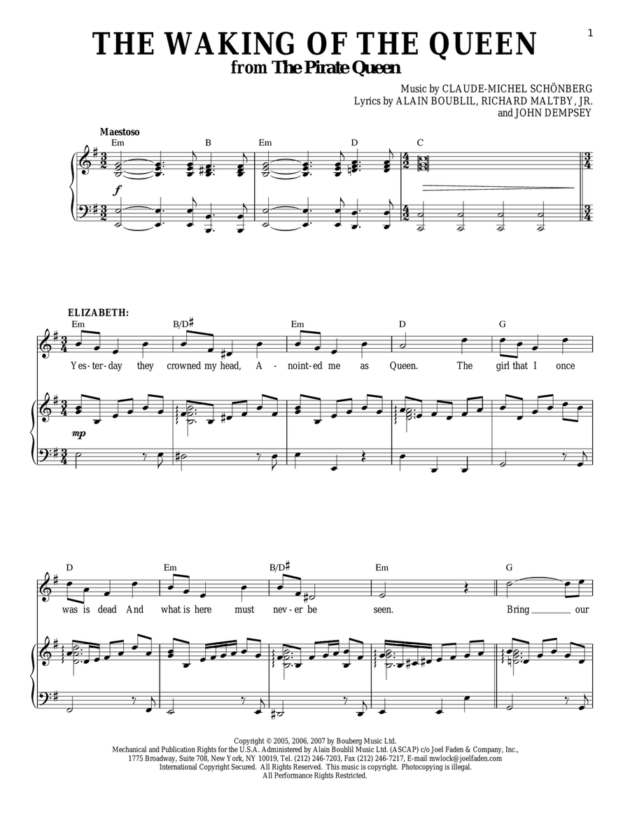 The Waking Of The Queen (from The Pirate Queen) Piano, Vocal scores gallery preview page 1