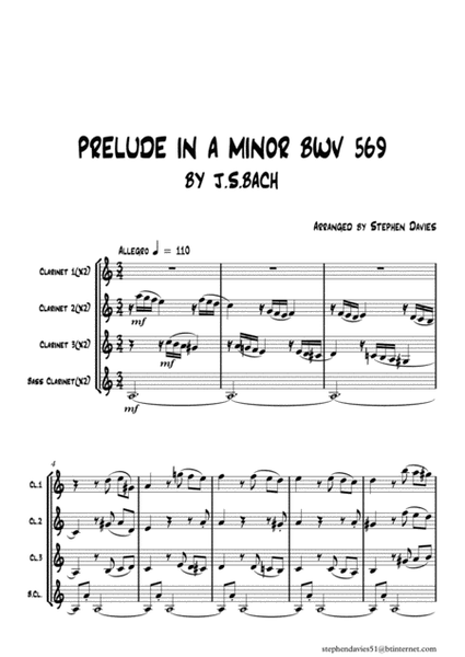 Prelude In A Minor BWV569 by J.S.Bach for Clarinet Quartet image number null