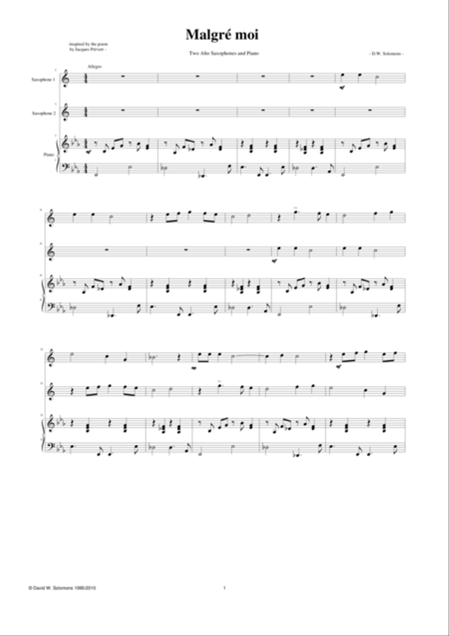 Malgré moi 2 alto saxophones with piano Alto Saxophone scores gallery preview page 1