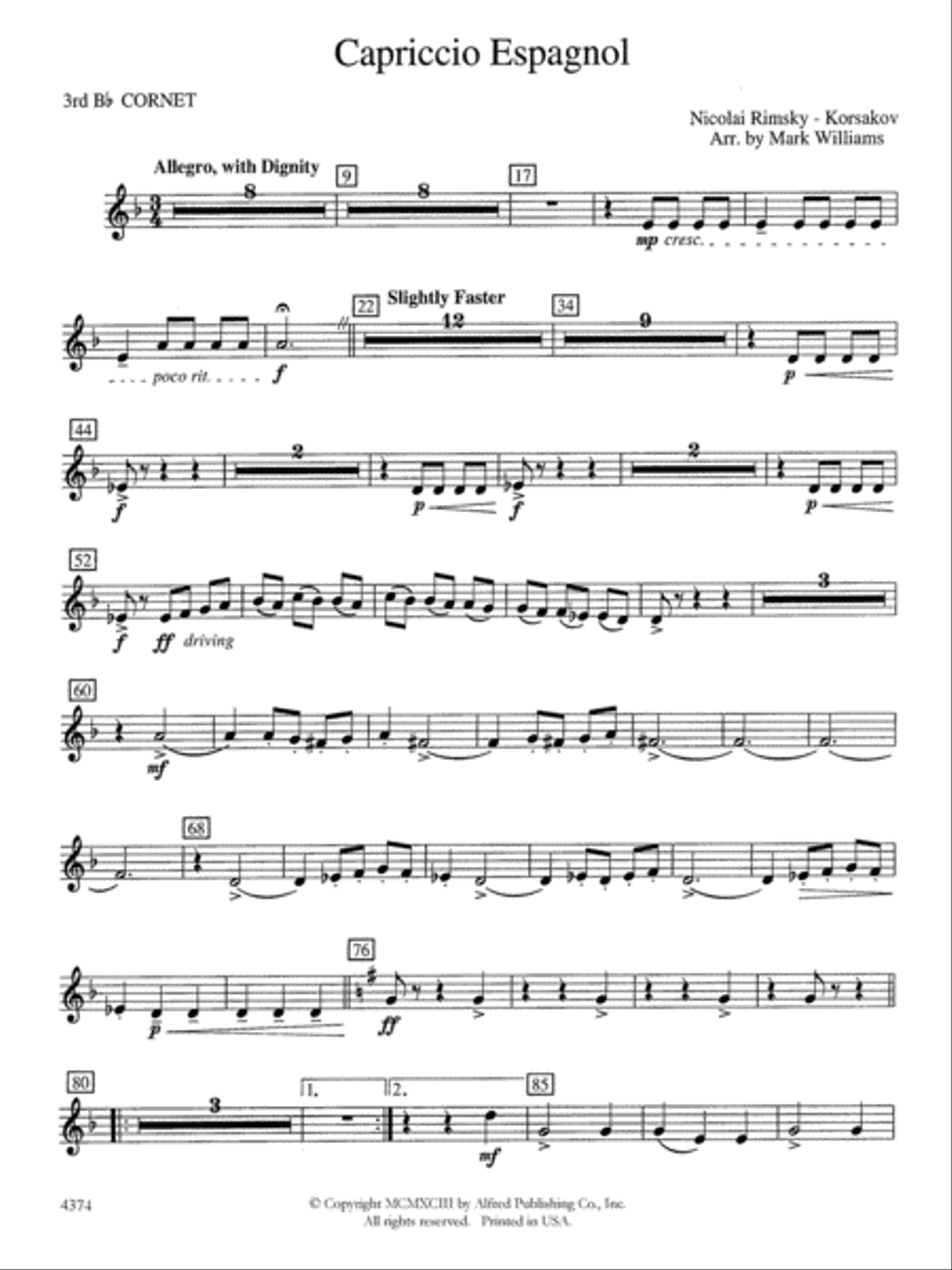 Capriccio Espagnol: 3rd B-flat Cornet Concert Band scores gallery preview page 1