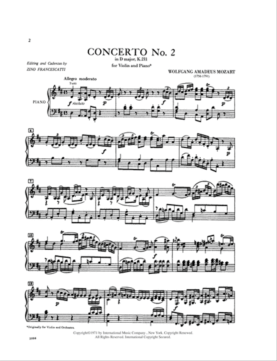 Concerto No. 2 In D Major, K. 211 With Cadenzas By Zino Francescatti