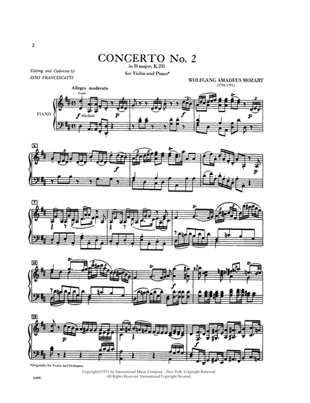 Concerto No. 2 In D Major, K. 211 With Cadenzas By Zino Francescatti