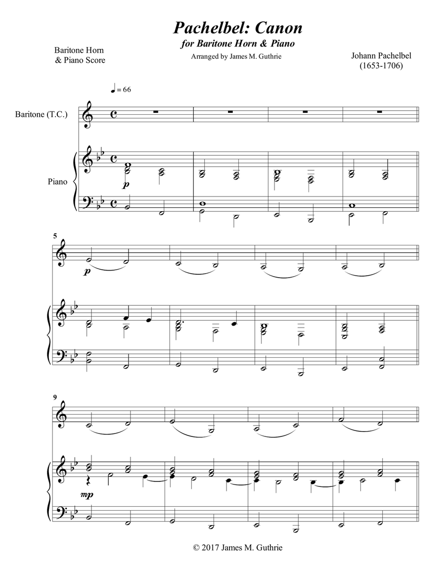 Pachelbel; Canon for Baritone Horn & Piano Brass Duet scores gallery preview page 1
