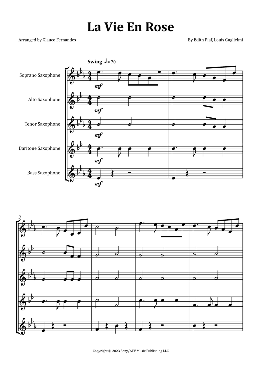 La Vie En Rose Saxophone Quintet scores gallery preview page 1