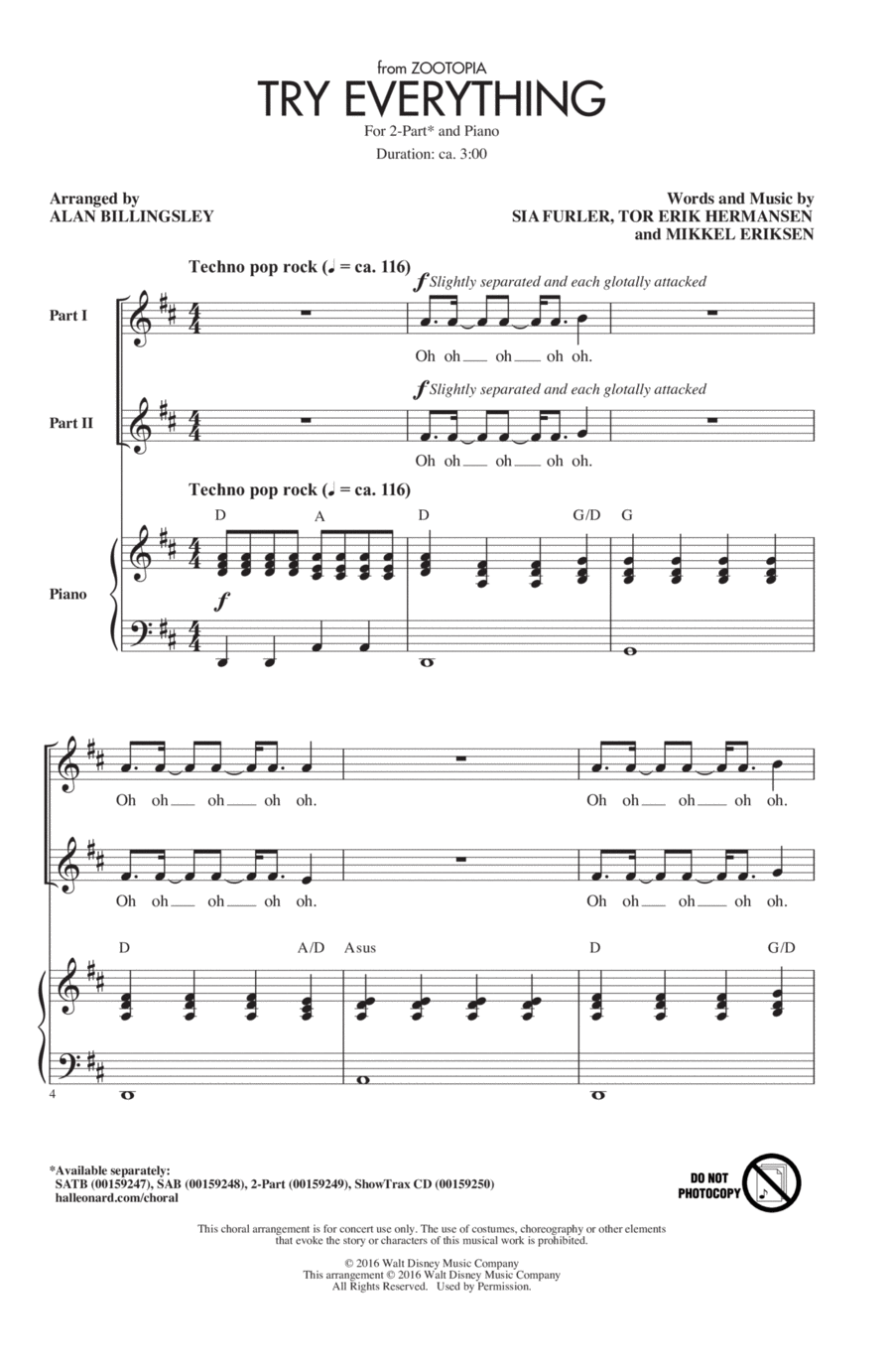Try Everything (from Zootopia) (arr. Alan Billingsley) 2-Part scores gallery preview page 1
