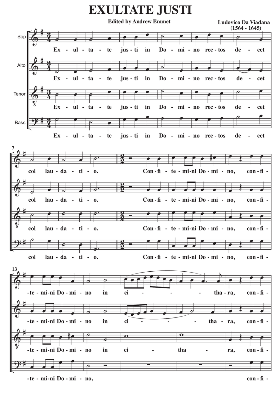 Exultate Justi A Cappella SATB 4-Part scores gallery preview page 1