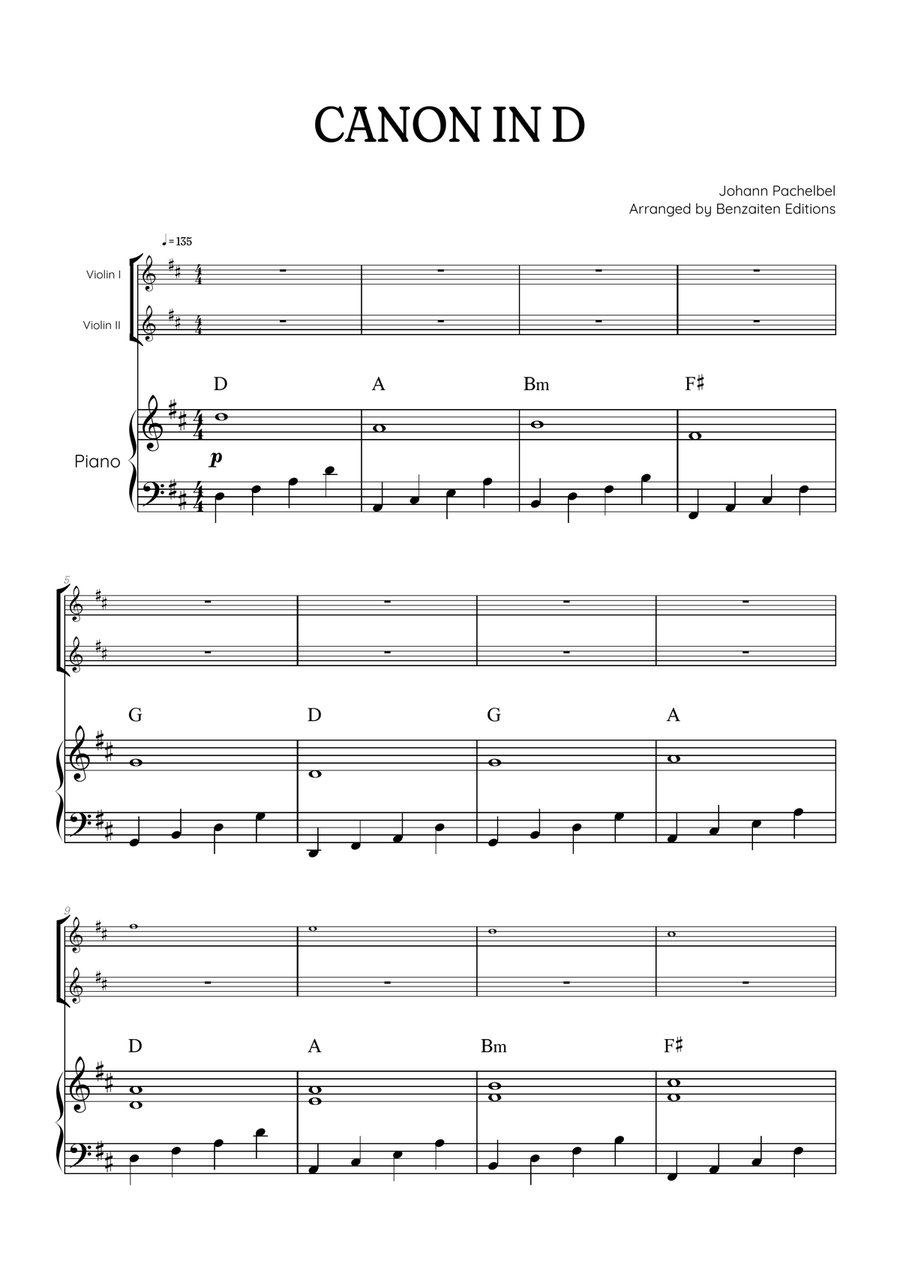 Pachelbel Canon in D • violin duet sheet music w/ piano accompaniment [chords] String Duet scores gallery preview page 1
