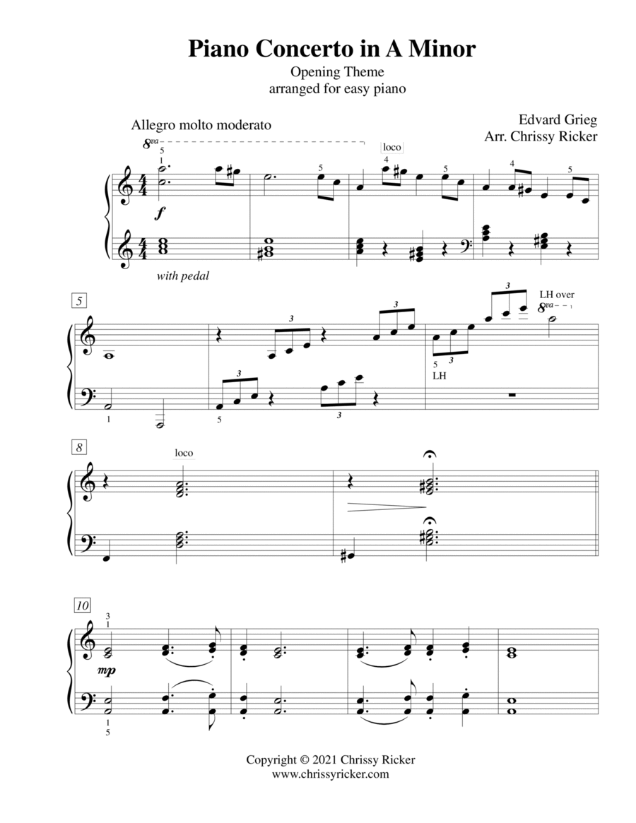 Piano Concerto in A Minor (opening theme) - easy piano Easy Piano scores gallery preview page 1