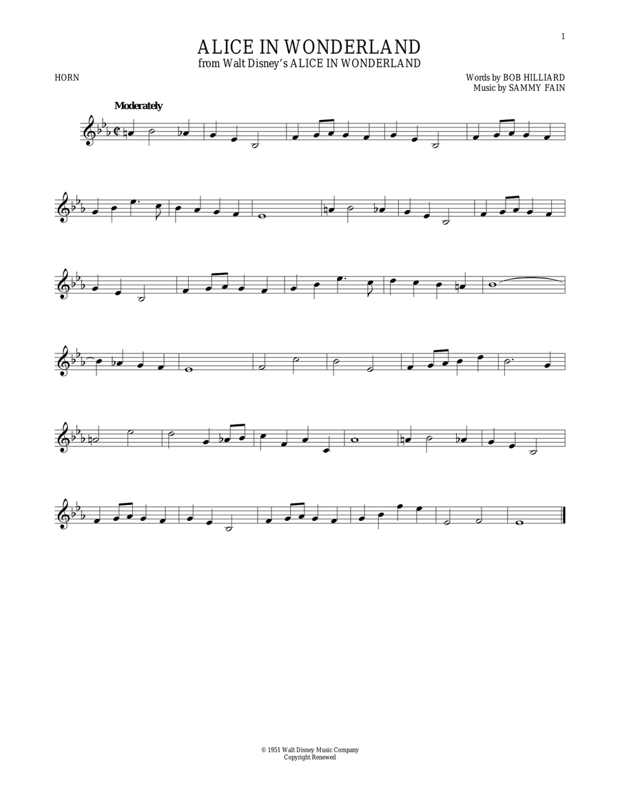 Alice In Wonderland Alice In Wonderland Horn Solo scores gallery preview page 1