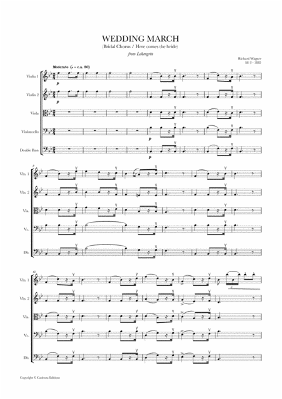Wedding March (Bridal Chorus - Here comes the Bride) for String Quintet (2 Violins, Viola, Cello and String Quartet scores gallery preview page 1