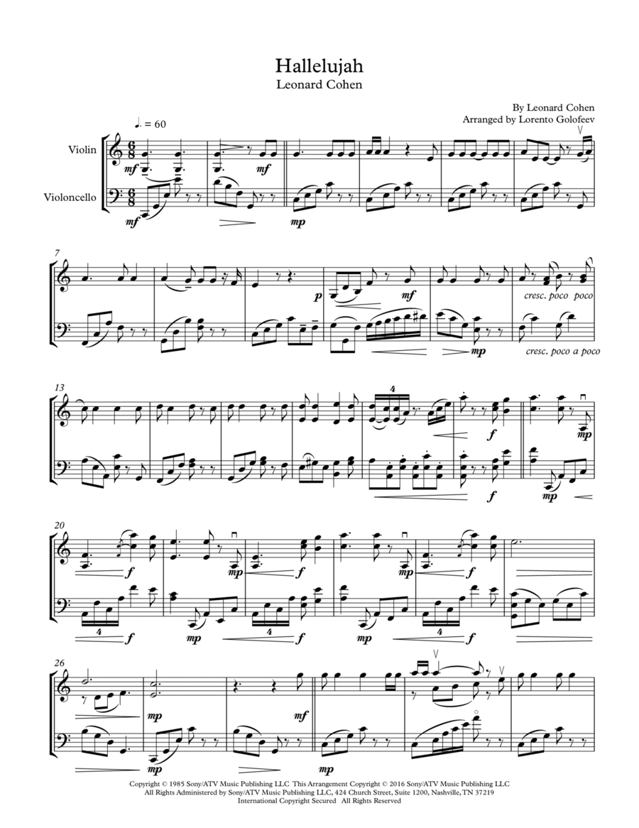 Hallelujah String Duet scores gallery preview page 1