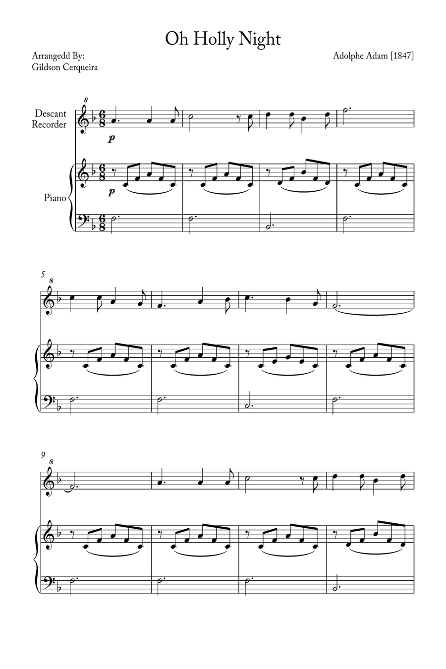 Oh Holy night Soprano Recorder scores gallery preview page 1