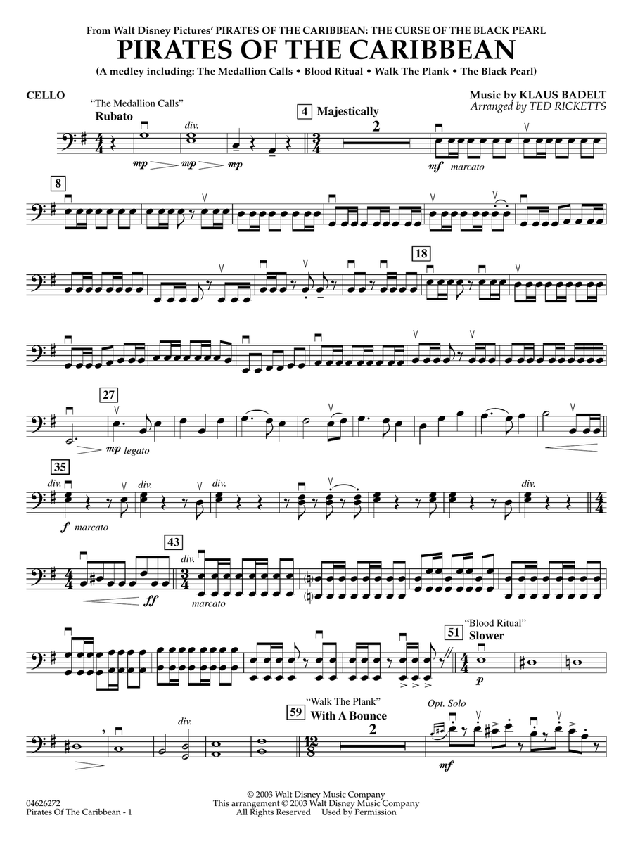 Pirates of the Caribbean (Medley) (arr. Ted Ricketts) - Cello