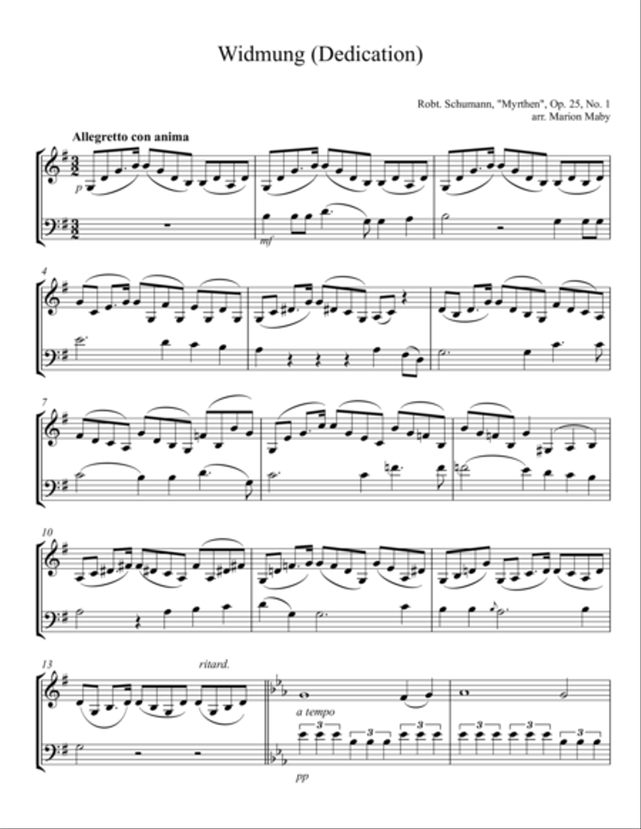 Widmung (Dedication) by Robert Schumann, arr. for violin & cello duet image number null