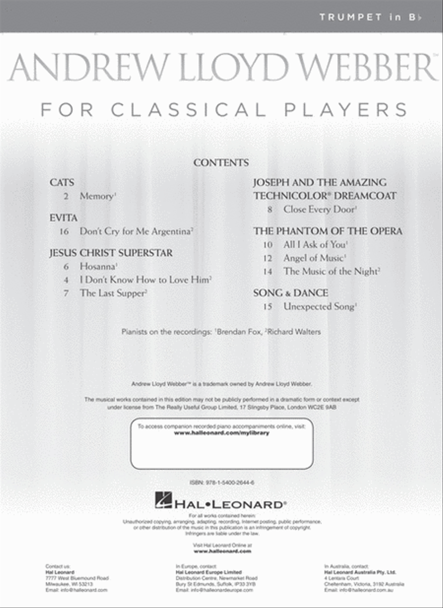 Andrew Lloyd Webber for Classical Players – Trumpet and Piano Trumpet Solo scores gallery preview page 2