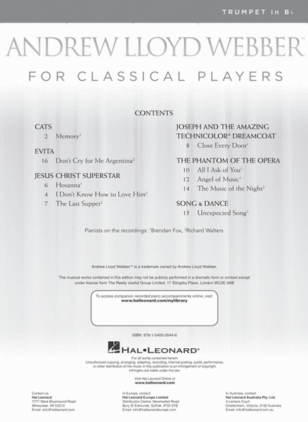 Andrew Lloyd Webber for Classical Players – Trumpet and Piano