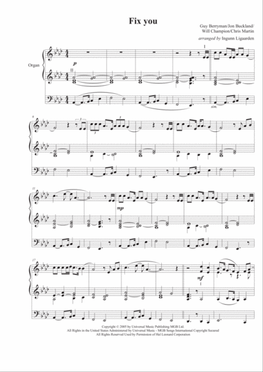 Fix You Organ Solo scores gallery preview page 1