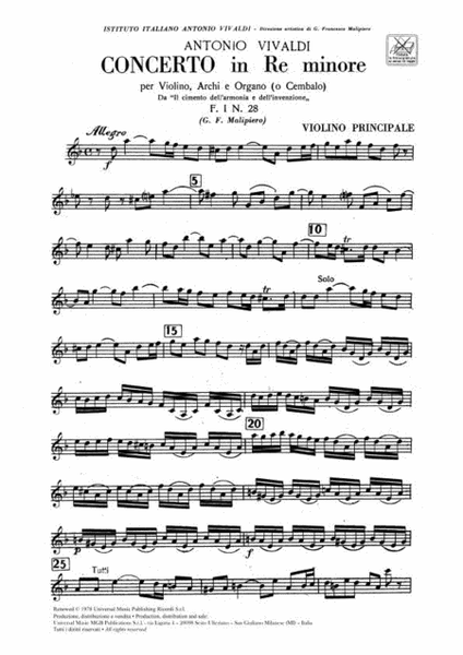 Concerto per Violino, Archi e BC in Re min. Rv 242