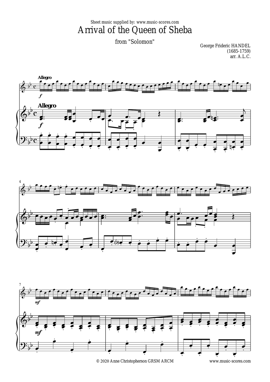 Handel: Arrival of the Queen of Sheba - Violin and Piano Violin Solo scores gallery preview page 1
