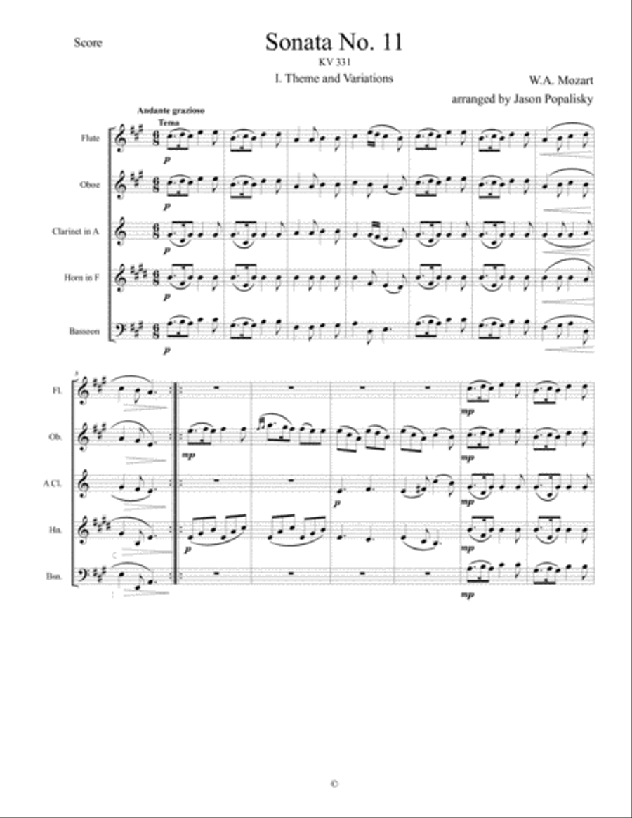 Piano Sonata No 11 (Alla Turca) Movement 1, Theme and Variations Woodwind Quintet scores gallery preview page 1