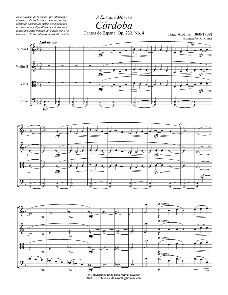 Cordoba from Cantos de Espana, Op. 232 for string quartet String Quartet scores gallery preview page 2