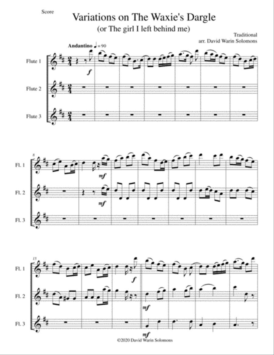 Variations on The Waxie's Dargle (or The girl I left behind me) for flute trio (3 C flutes) Flute Solo scores gallery preview page 1