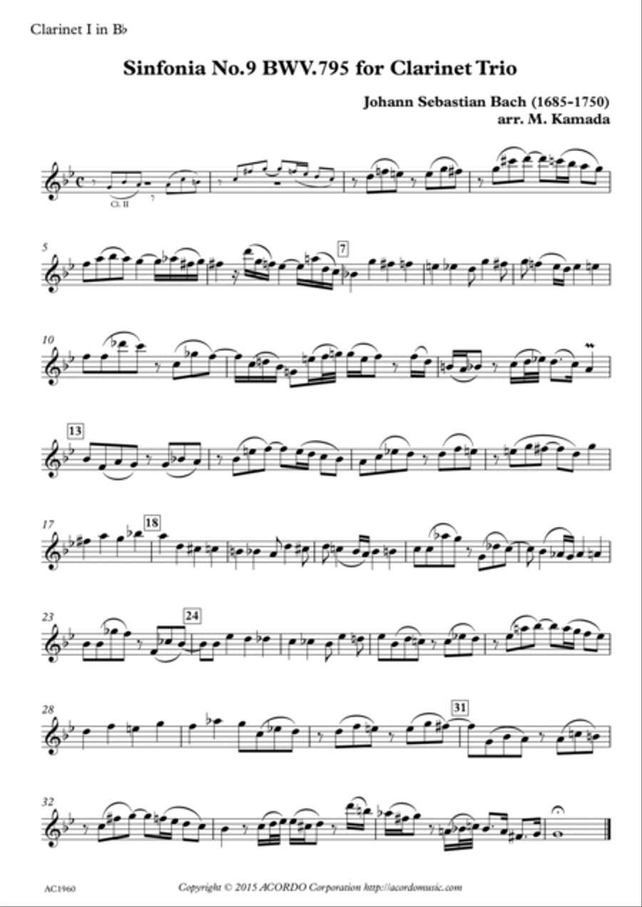 Sinfonia No.9 BWV.795 for Clarinet Trio Clarinet Trio scores gallery preview page 3