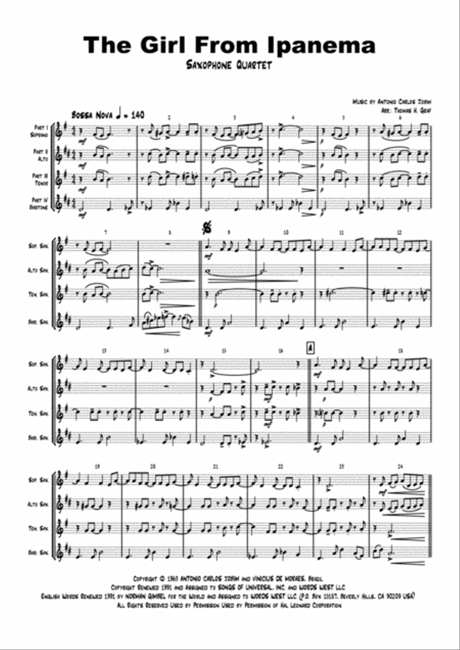 The Girl From Ipanema (Garota De Ipanema) Saxophone Quartet scores gallery preview page 1
