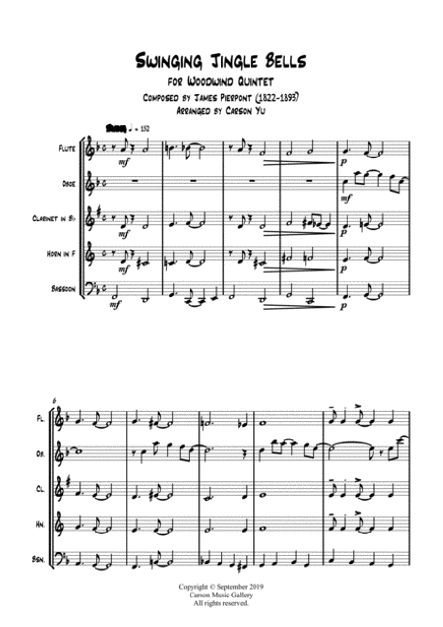 Swinging Jingle Bells - for Woodwind Quintet (arr. Carson Yu) Woodwind Quintet scores gallery preview page 4