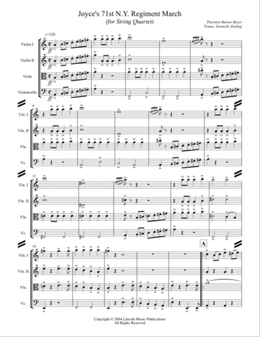 March - Joyce’s 71st N.Y. Regiment March (for String Quartet) String Quartet scores gallery preview page 2