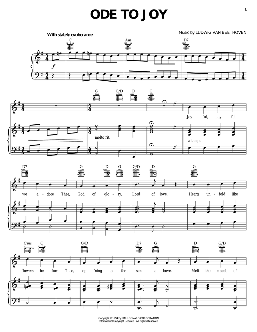 Ode To Joy Piano, Vocal, Guitar scores gallery preview page 1