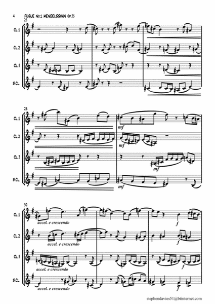 'Fugue No.1 From 6 Preludes & Fugues Op.35'  by Felix Mendelssohn-Bartholdy for Clarinet Quartet. image number null
