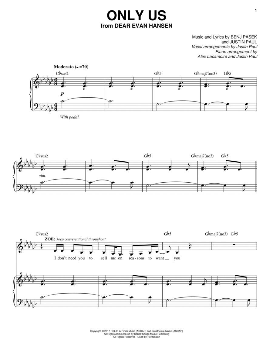 Only Us (from Dear Evan Hansen) Voice scores gallery preview page 1