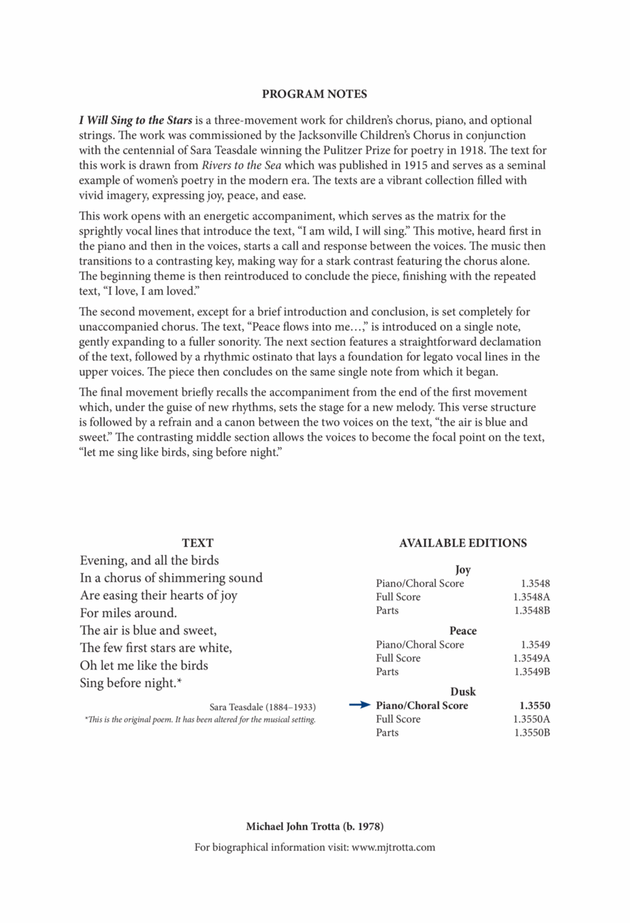Dusk from I Will Sing to the Stars SSAA scores gallery preview page 1