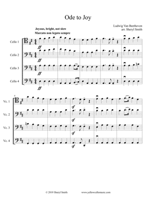 Ode to Joy, from Beethoven Symphony No. 9, arranged for intermediate cello quartet (four cellos)