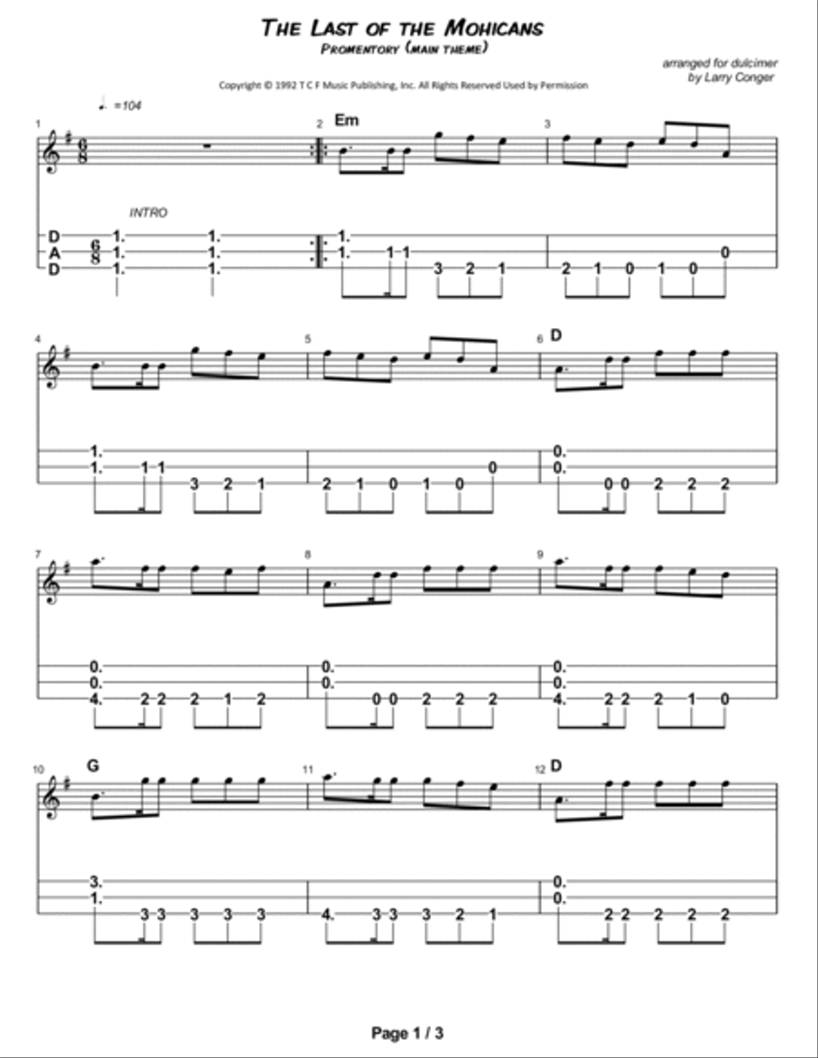 Last Of The Mohicans (main Theme) Dulcimer scores gallery preview page 2