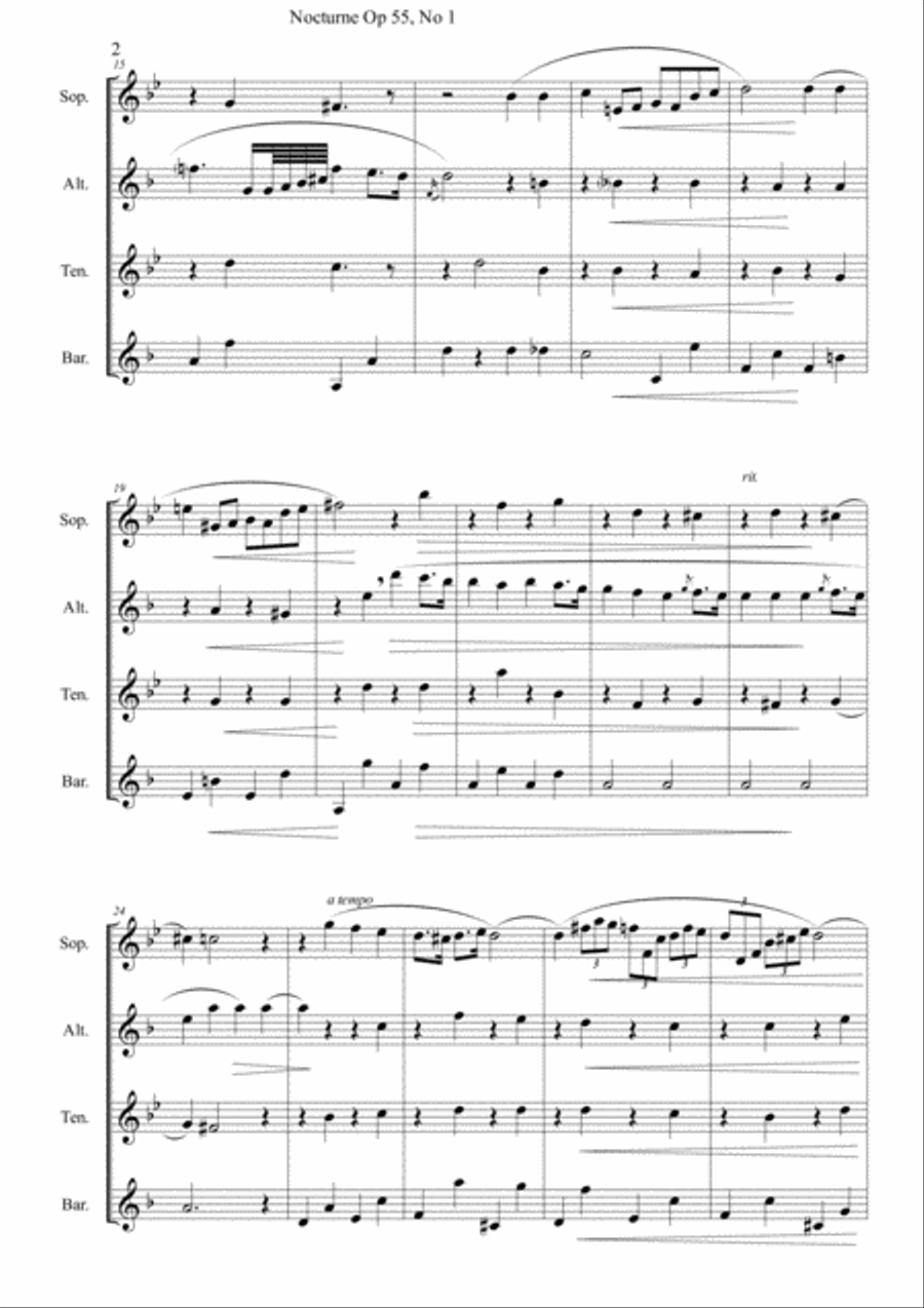 Nocturne - F. Chopin (Op55 N1) for SAX Quartet (SATB) Saxophone Quartet scores gallery preview page 2