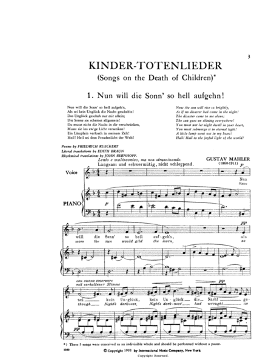 Kindertotenlieder (Songs On The Death Of Children) (G. & E.) - Medium