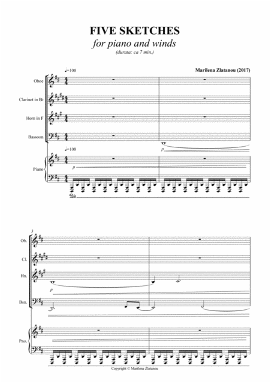 FIVE SKETSCHES, Quintet for Woodwinds (Oboe, Clarinet in Bb, Horn, Bassoon), and Piano Woodwind Quintet scores gallery preview page 1