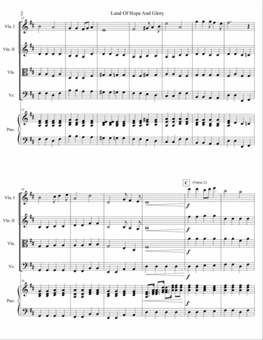 "Land of Hope and Glory" arr. for piano and string quartet (score and parts)