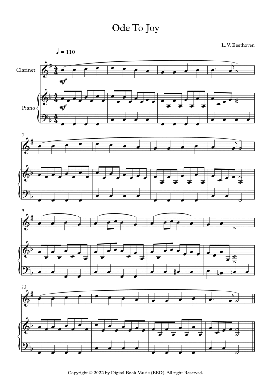 Ode To Joy - Ludwig Van Beethoven (Clarinet + Piano) B-Flat Clarinet scores gallery preview page 1