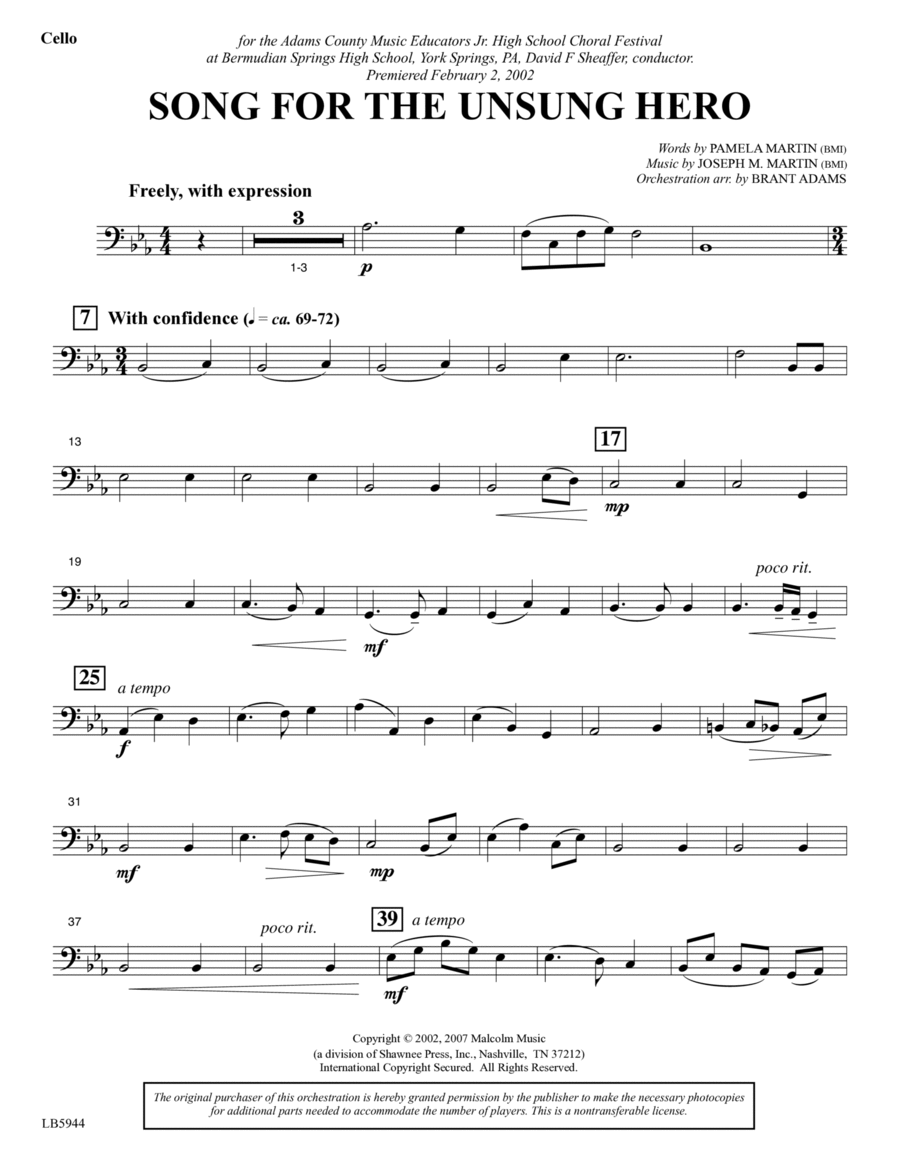 Song for the Unsung Hero - Cello Choir scores gallery preview page 1