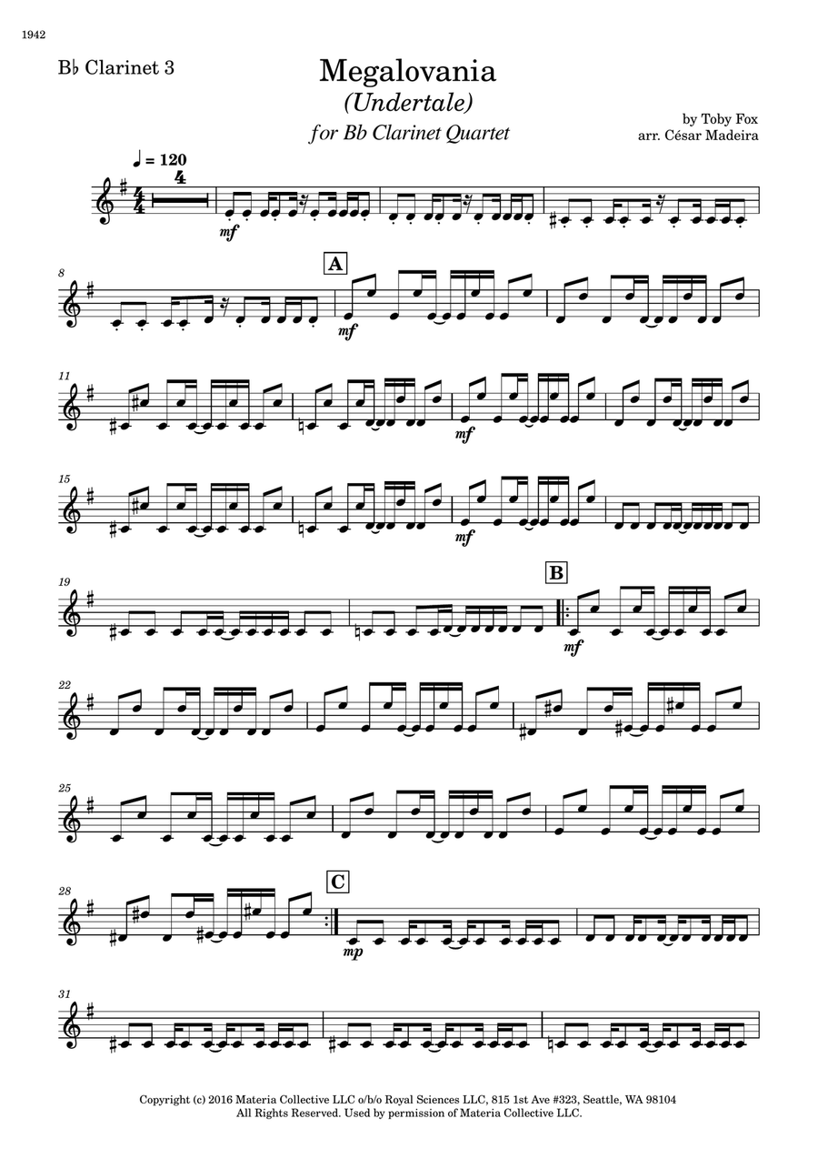 Megalovania Clarinet Quartet scores gallery preview page 4