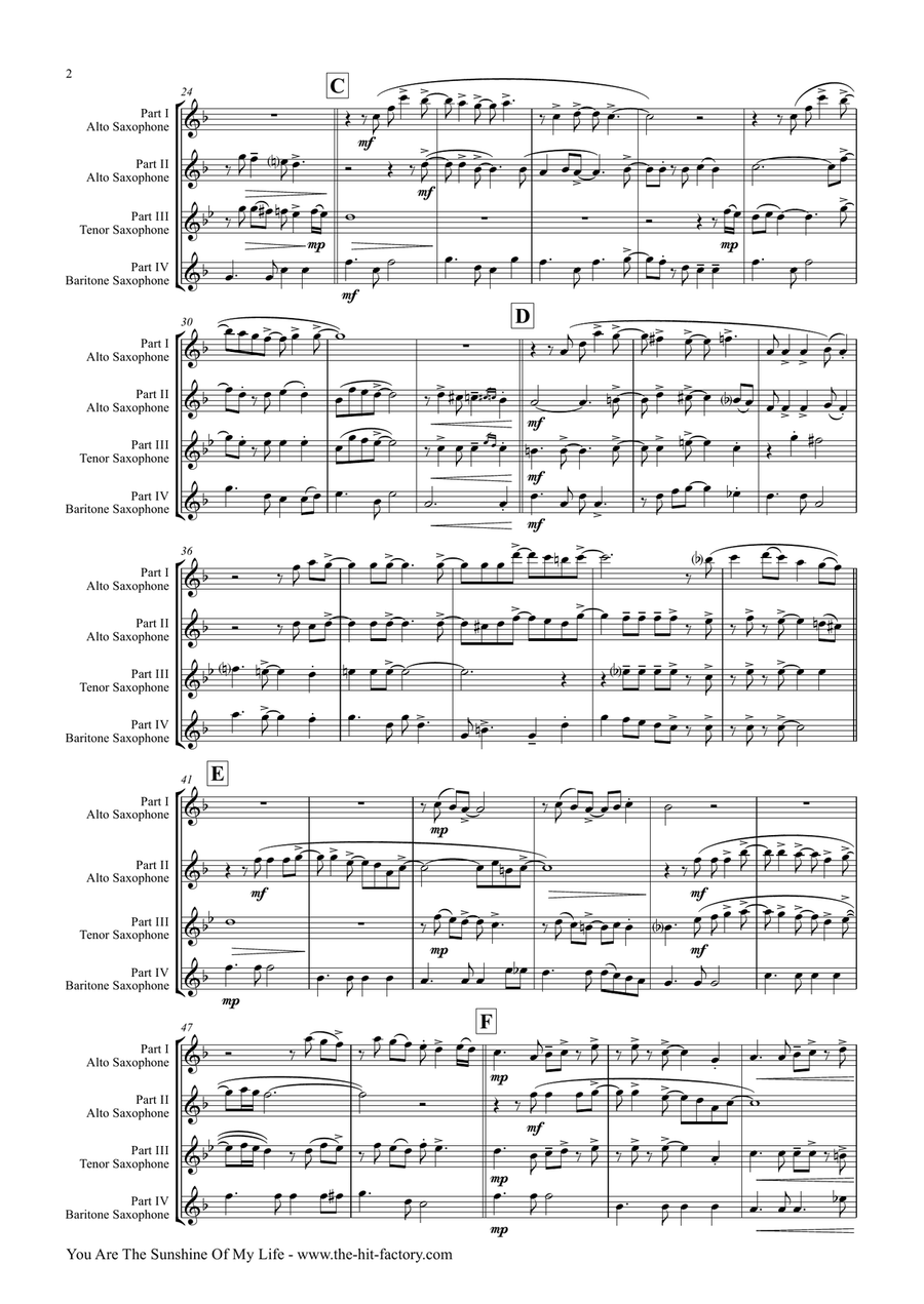 You Are The Sunshine Of My Life Saxophone Quartet scores gallery preview page 2