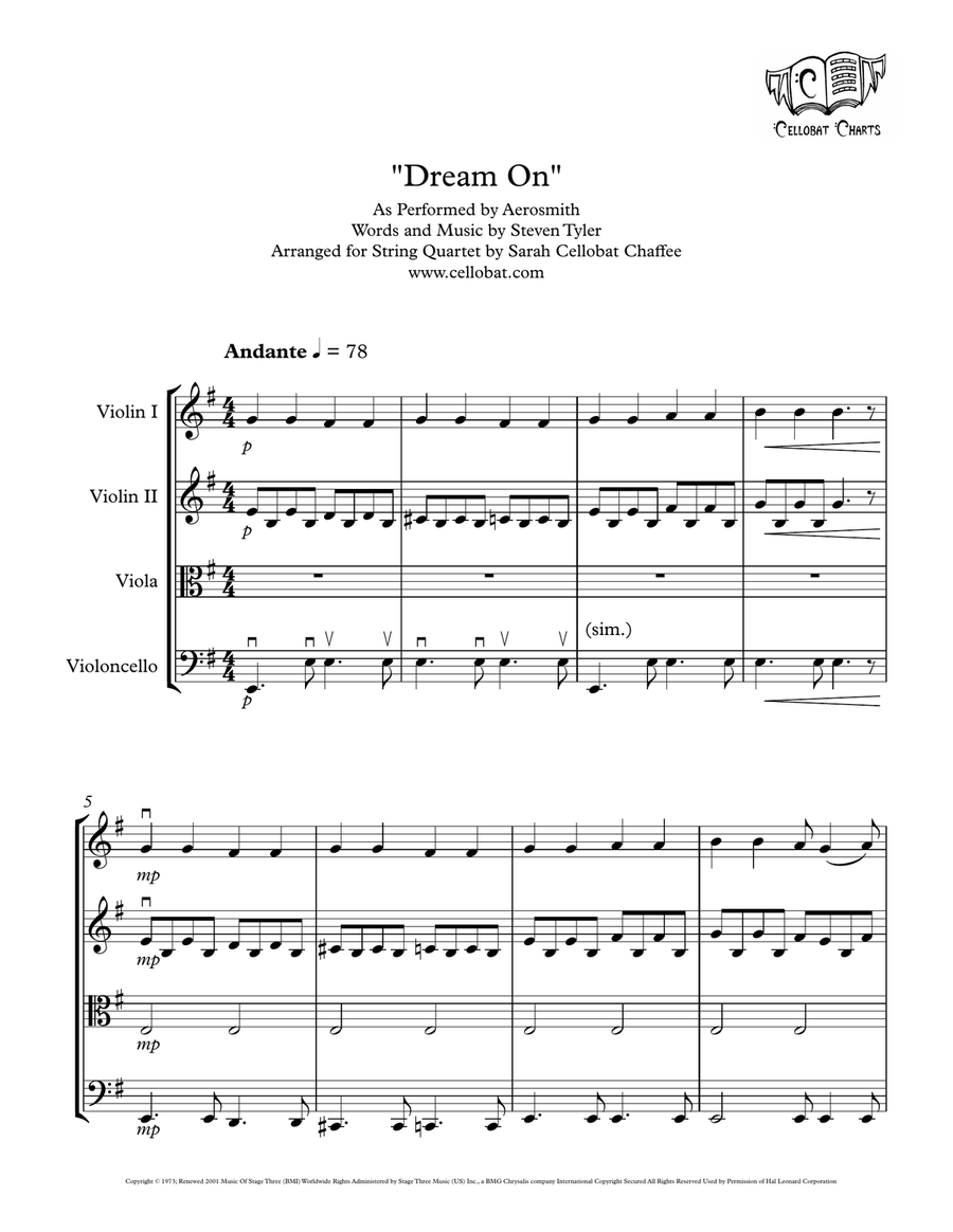 Dream On String Quartet scores gallery preview page 1