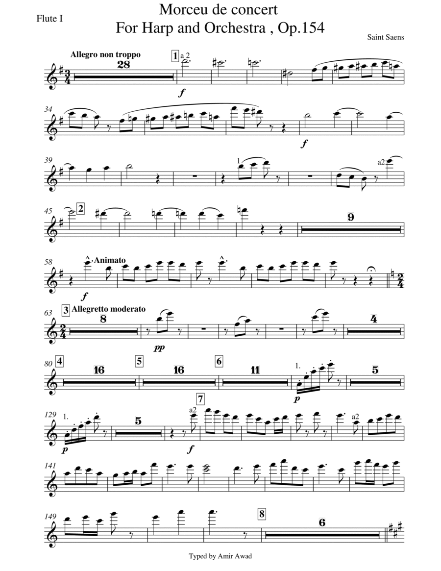 Saint Saens Morceau de concert, Op.154 for Harp and Orchestra (Complete parts without Solo Harp Part Full Orchestra scores gallery preview page 1