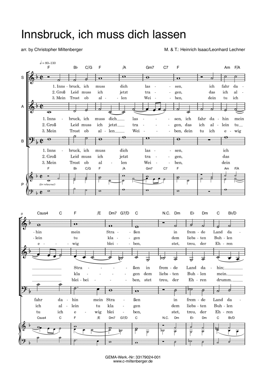Innsbruck, ich muss dich lassen (SAB) 3-Part scores gallery preview page 1