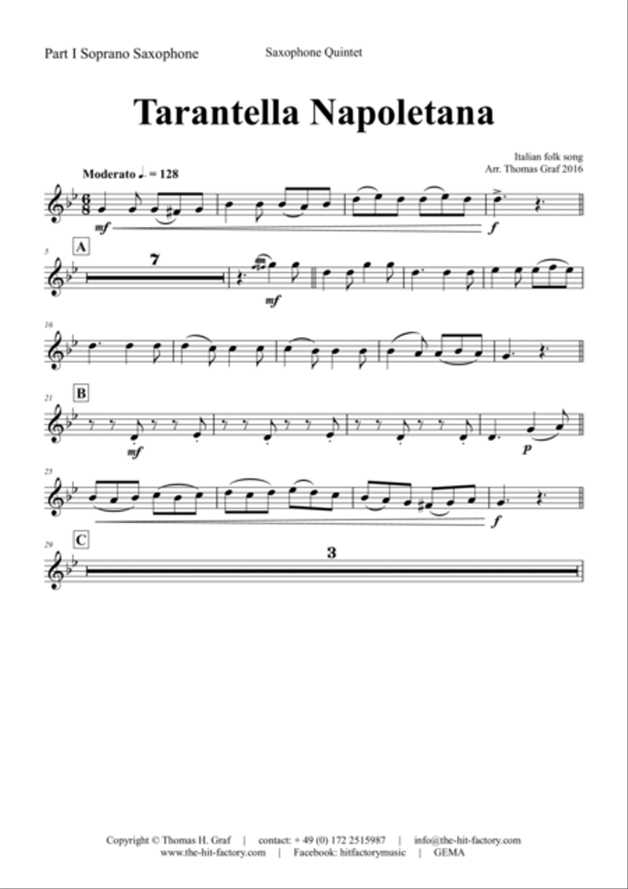 Tarantella Napoletana - Italian Folk Song - Saxophone Quintet Saxophone Quintet scores gallery preview page 6